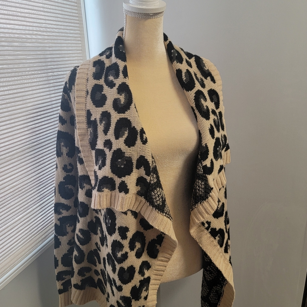 Leopard Print Cardigan Sweater Open Front Raglan Sleeve Project S+F Womens L - Picture 4 of 8